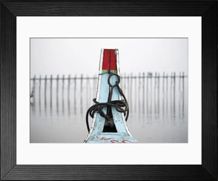 Framed Print : Amarapura, Mandalay region, Myanmar. The tip of the colorful boat with the U Bein