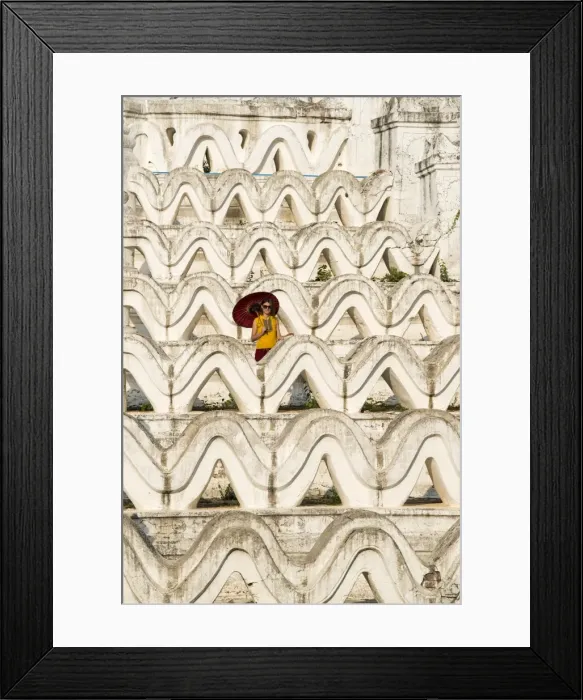 Framed Print : Mingun, Sagaing region, Myanmar (Burma). Woman with red umbrella in the middle of Framed Print : Mingun, Sagaing region, Myanmar (Burma). Woman with red umbrella in the middle of