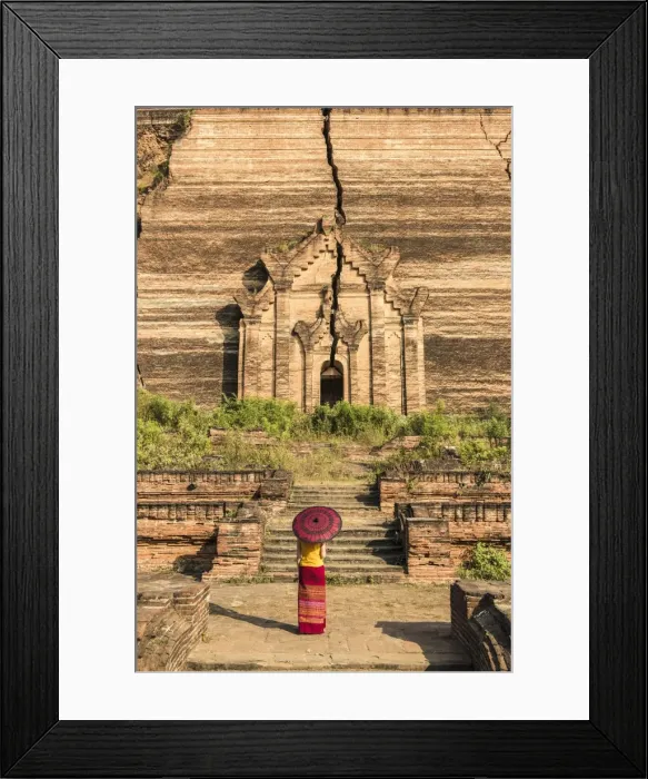 Framed Print : Mingun, Sagaing region, Myanmar (Burma). Woman with red umbrella looks at the Pahtodawgyi Framed Print : Mingun, Sagaing region, Myanmar (Burma). Woman with red umbrella looks at the Pahtodawgyi
