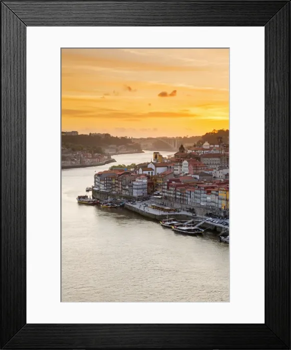 Framed Print : Portugal, Douro Litoral, Porto. Sunset over the UNESCO listed Ribeira district, viewed Framed Print : Portugal, Douro Litoral, Porto. Sunset over the UNESCO listed Ribeira district, viewed