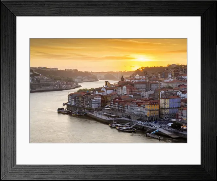 Framed Print : Portugal, Douro Litoral, Porto. Sunset over the UNESCO listed Ribeira district, viewed Framed Print : Portugal, Douro Litoral, Porto. Sunset over the UNESCO listed Ribeira district, viewed