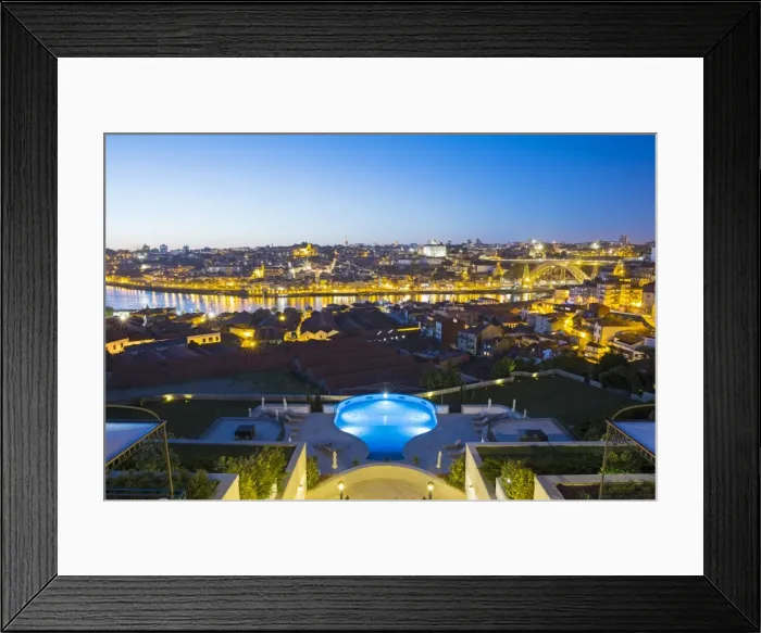 Framed Print : Portugal, Douro Litoral, Porto. Dusk view towards the old town of Porto and the Ribeira Framed Print : Portugal, Douro Litoral, Porto. Dusk view towards the old town of Porto and the Ribeira