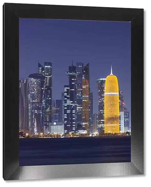 Qatar, Doha, Doha Bay, West Bay skyscrapers, dusk, with Burj Qatar Tower