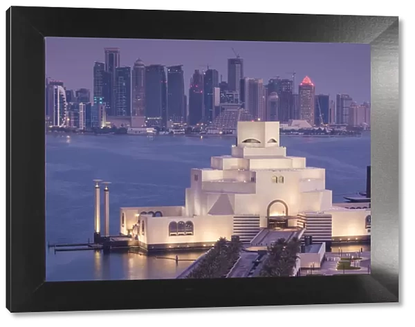 Qatar, Doha, The Museum of Islamic Art, designed by I. M. Pei, elevated view, dawn