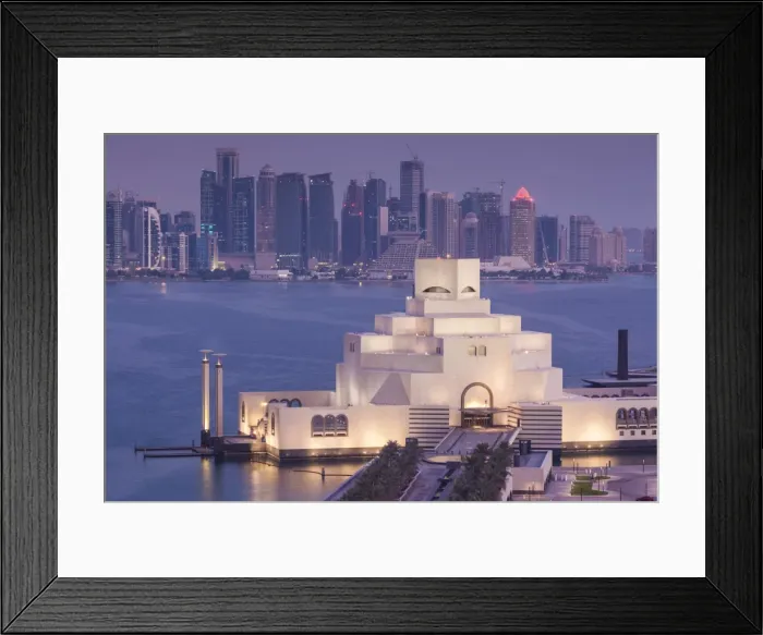 Framed Print : Qatar, Doha, The Museum of Islamic Art, designed by I. M. Pei, elevated view, dawn Framed Print : Qatar, Doha, The Museum of Islamic Art, designed by I. M. Pei, elevated view, dawn