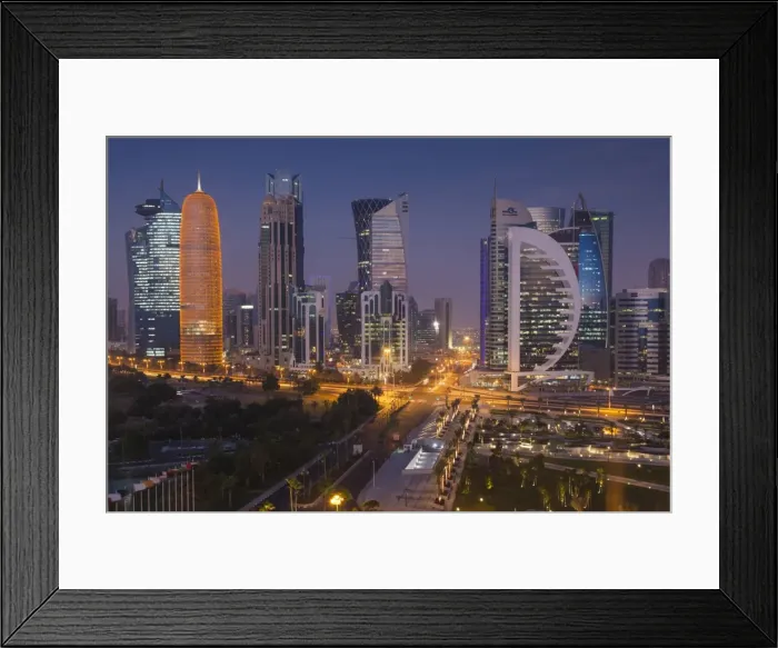 Framed Print : Qatar, Doha, Doha Bay, West Bay Skyscrapers, elevated view, dawn Framed Print : Qatar, Doha, Doha Bay, West Bay Skyscrapers, elevated view, dawn