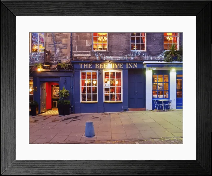 Framed Print : UK, Scotland, Lothian, Edinburgh, Grassmarket Square, Twilight view of the Beehive Inn Framed Print : UK, Scotland, Lothian, Edinburgh, Grassmarket Square, Twilight view of the Beehive Inn