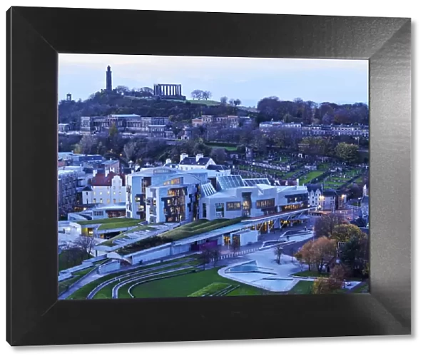 UK, Scotland, Lothian, Edinburgh, Twilight view of the Scottish Parliament Building