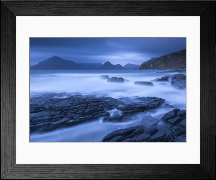 Framed Print : Twilight on the rocky coast of Elgol, looking across to the Cuillin mountains, Isle of Skye Framed Print : Twilight on the rocky coast of Elgol, looking across to the Cuillin mountains, Isle of Skye