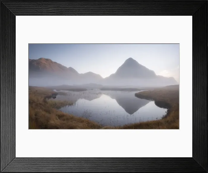 Framed Print : Evening mist shrouds Buachaille Etive Beag mountain on Rannoch Moor, Highland, Scotland Framed Print : Evening mist shrouds Buachaille Etive Beag mountain on Rannoch Moor, Highland, Scotland