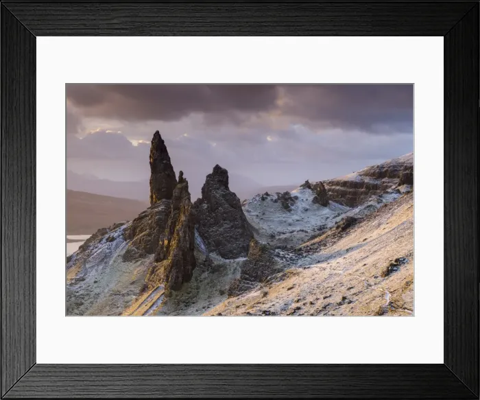 Framed Print : Snow dusted Old Man of Storr at sunrise, Isle of Skye, Scotland. Winter (December) 2013 Framed Print : Snow dusted Old Man of Storr at sunrise, Isle of Skye, Scotland. Winter (December) 2013