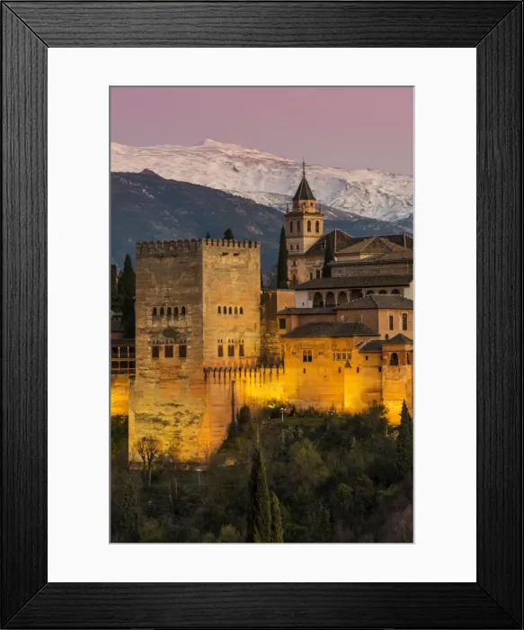 Framed Print : View at dusk of Alhambra palace with the snowy Sierra Nevada in the background, Granada Framed Print : View at dusk of Alhambra palace with the snowy Sierra Nevada in the background, Granada