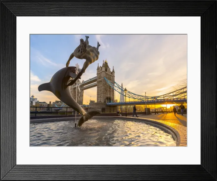 Framed Print : UK, England, London, Tower Bridge over River Thames, Girl with a Dolphin fountain Framed Print : UK, England, London, Tower Bridge over River Thames, Girl with a Dolphin fountain