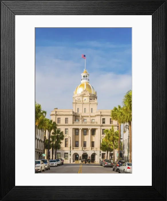 Framed Print : USA, Georgia, Savannah, Horse and cart passing under the town hall