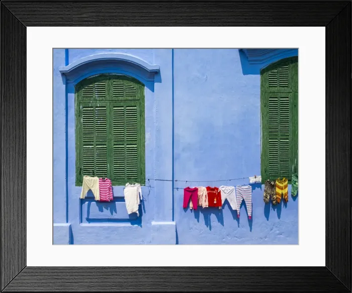 Framed Print : Clothes hung out to dry on a blue wall, Hoi An, Quang Nam Province, Vietnam Framed Print : Clothes hung out to dry on a blue wall, Hoi An, Quang Nam Province, Vietnam