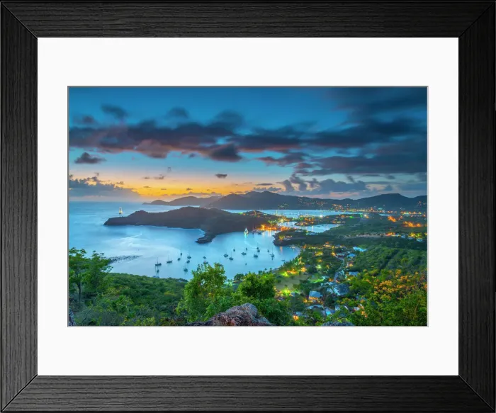 Framed Print : Caribbean, Antigua, English Harbour from Shirley Heights, Sunset Framed Print : Caribbean, Antigua, English Harbour from Shirley Heights, Sunset