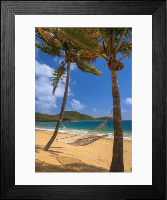 Framed Print : Caribbean, Antigua, Curtain Bluff, Curtain Bluff Beach, Hammock between Palm Trees Framed Print : Caribbean, Antigua, Curtain Bluff, Curtain Bluff Beach, Hammock between Palm Trees
