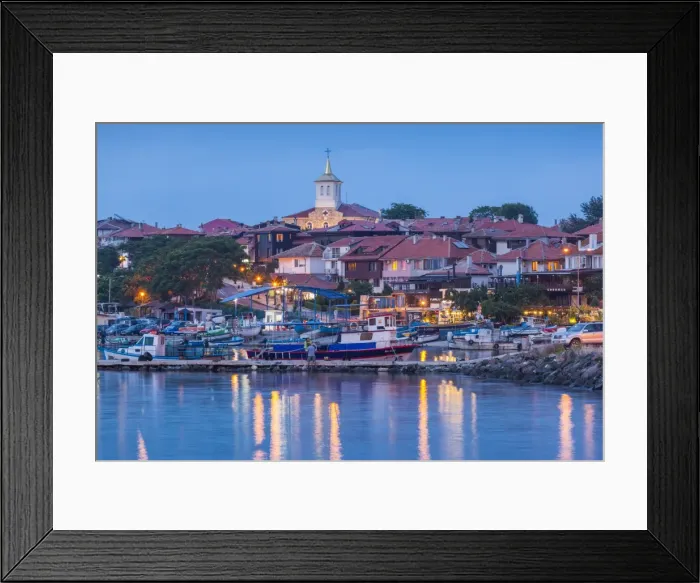Framed Print : Bulgaria, Black Sea Coast, Nesebar, waterfront view of town, dusk Framed Print : Bulgaria, Black Sea Coast, Nesebar, waterfront view of town, dusk