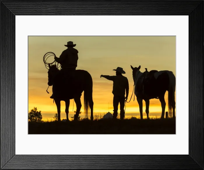 Framed Print : Cowboys & horses in silhouette at dawn on ranch, British Columbia, Canada Framed Print : Cowboys & horses in silhouette at dawn on ranch, British Columbia, Canada