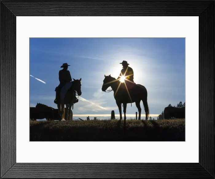 Framed Print : Cowboys on horses, sunrise, British Columbia, Canada Framed Print : Cowboys on horses, sunrise, British Columbia, Canada