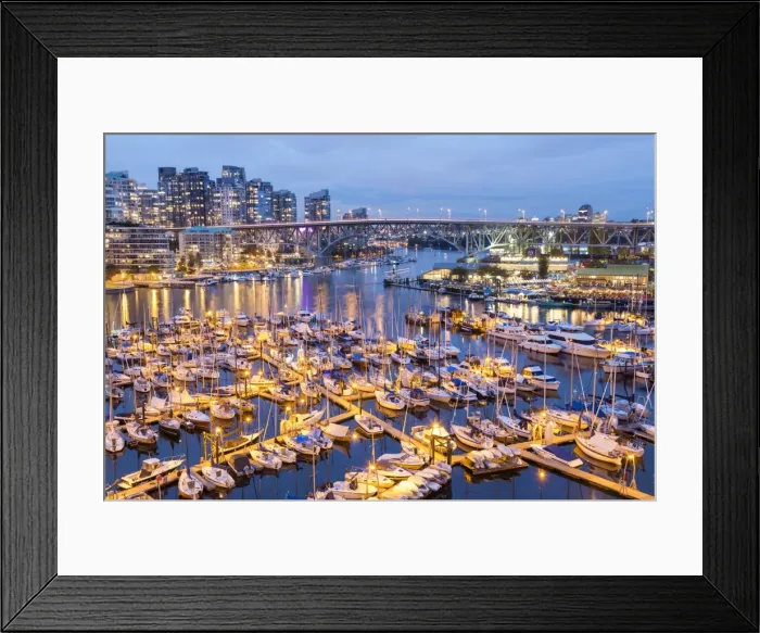 Framed Print : View over harbour & Granville Island with city skyline at dusk, Vancouver, British Columbia Framed Print : View over harbour & Granville Island with city skyline at dusk, Vancouver, British Columbia