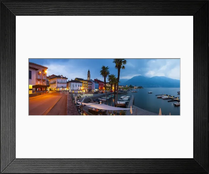 Framed Print : Asconas picturesque Lakeside Promenade and Boat Harbour illuminated at Dusk, Ascona Framed Print : Asconas picturesque Lakeside Promenade and Boat Harbour illuminated at Dusk, Ascona
