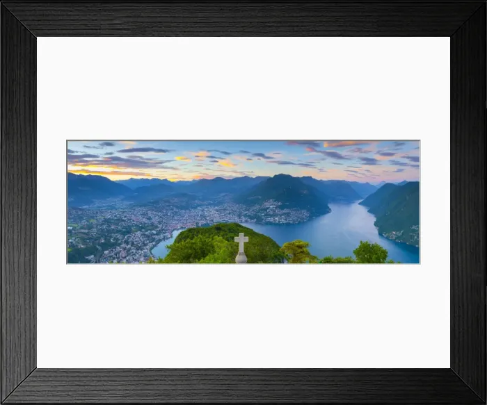 Framed Print : Elevated view over Lugano from Monte San Salvatore illuminated at sunset, Lake Lugano Framed Print : Elevated view over Lugano from Monte San Salvatore illuminated at sunset, Lake Lugano