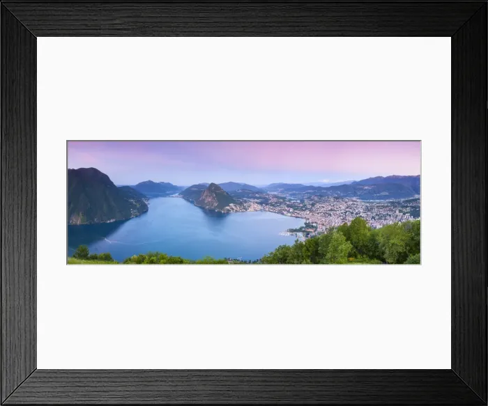 Framed Print : Elevated view over Lugano from Monte Bre illuminated at sunrise, Lugano, Lake Lugano