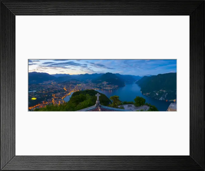 Framed Print : Elevated view over Lugano from Monte San Salvatore illuminated at Dusk, Lake Lugano Framed Print : Elevated view over Lugano from Monte San Salvatore illuminated at Dusk, Lake Lugano