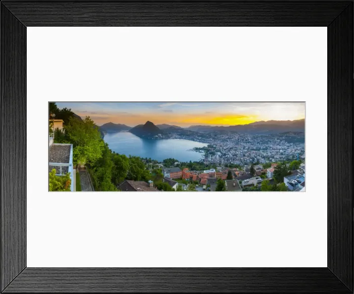 Framed Print : Elevated view over Lugano illuminated at sunset, Lake Lugano, Ticino, Switzerland