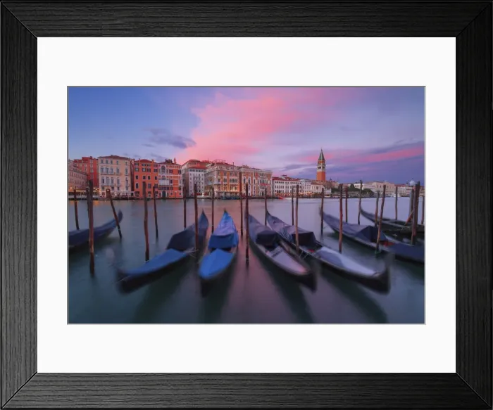 Framed Print : Gondolas at Dorsoduro, Venice, Veneto, Italy. In the background the St. Marks bell tower Framed Print : Gondolas at Dorsoduro, Venice, Veneto, Italy. In the background the St. Marks bell tower