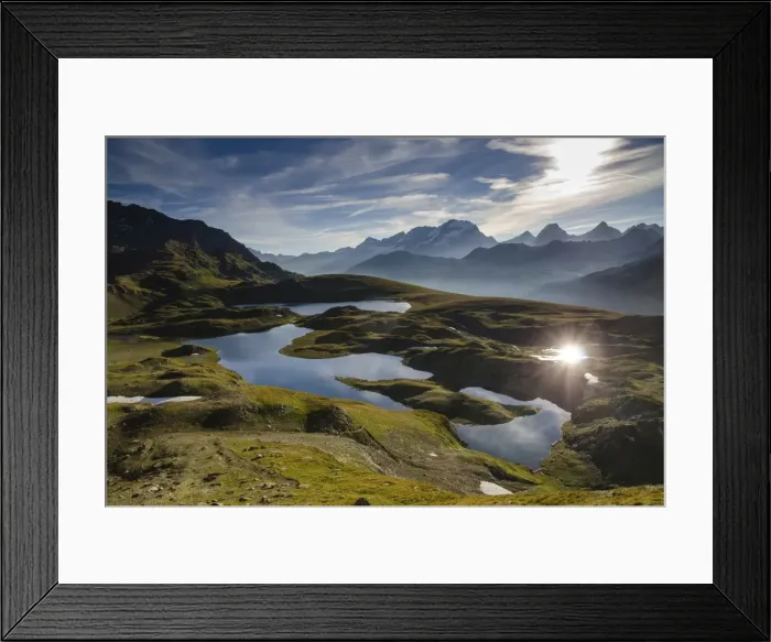 Framed Print : The Rosset lake and Leita lake appearing in the first summers morning light, with Framed Print : The Rosset lake and Leita lake appearing in the first summers morning light, with