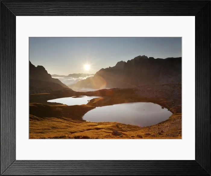 Framed Print : Piani lakes, Sexten Dolomites natural park, Veneto, Italy. Sunrise on the Piani lakes Framed Print : Piani lakes, Sexten Dolomites natural park, Veneto, Italy. Sunrise on the Piani lakes