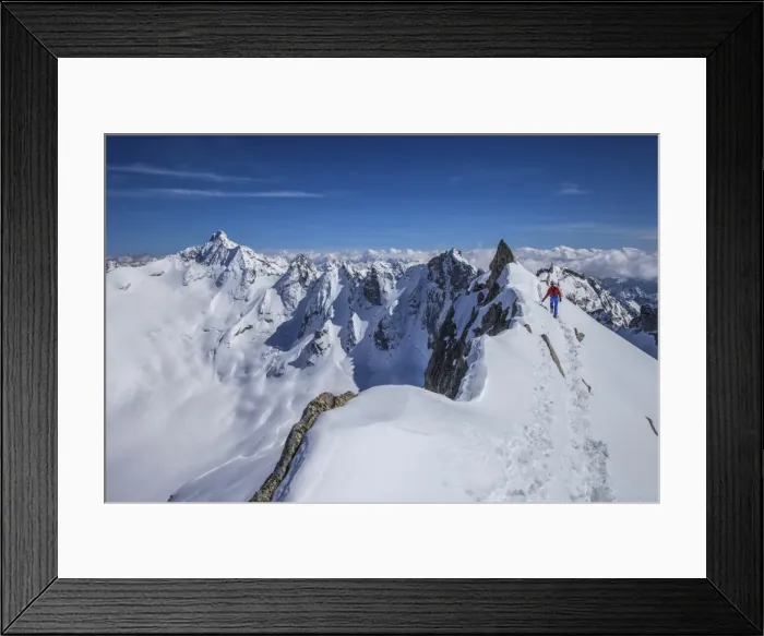 Framed Print : Mountaineer at Canton peak, Forno valley, Switzerland Framed Print : Mountaineer at Canton peak, Forno valley, Switzerland