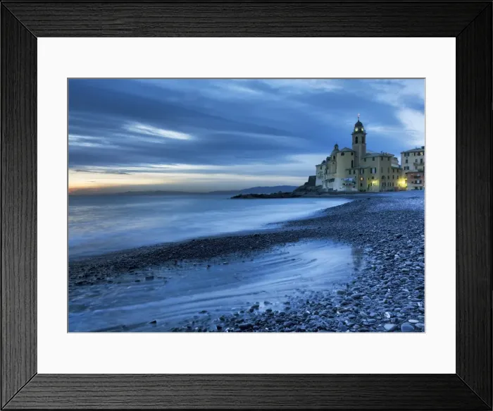 Framed Print : Camogli, Genoa, Ligurian, Italy, Europe. The last lights of the evening over Camogli town