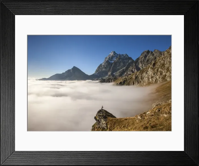 Framed Print : A clouds sea, in autumn, under Monviso peak and Viso Mozzo peak, with an alpinist on a pulpit rock Framed Print : A clouds sea, in autumn, under Monviso peak and Viso Mozzo peak, with an alpinist on a pulpit rock
