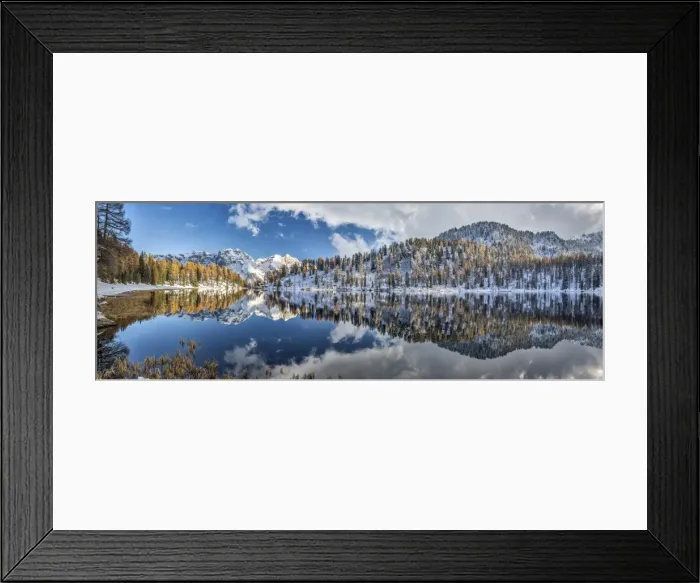 Framed Print : Panoramic shot of the Lake Malghette in autumn with Dolomites of Brenta in the background Framed Print : Panoramic shot of the Lake Malghette in autumn with Dolomites of Brenta in the background