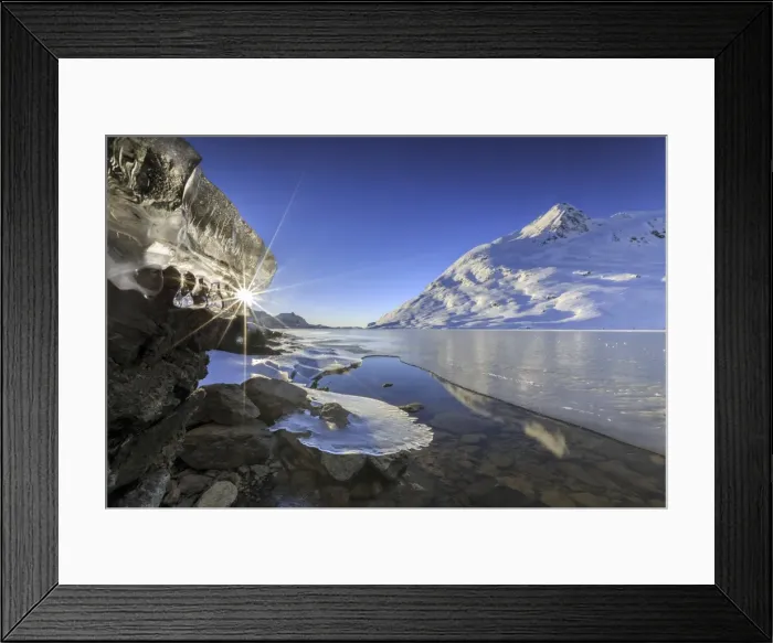 Framed Print : The sun shining through icicles on the shores of Lake Bianco, Canton of Graubunden Framed Print : The sun shining through icicles on the shores of Lake Bianco, Canton of Graubunden