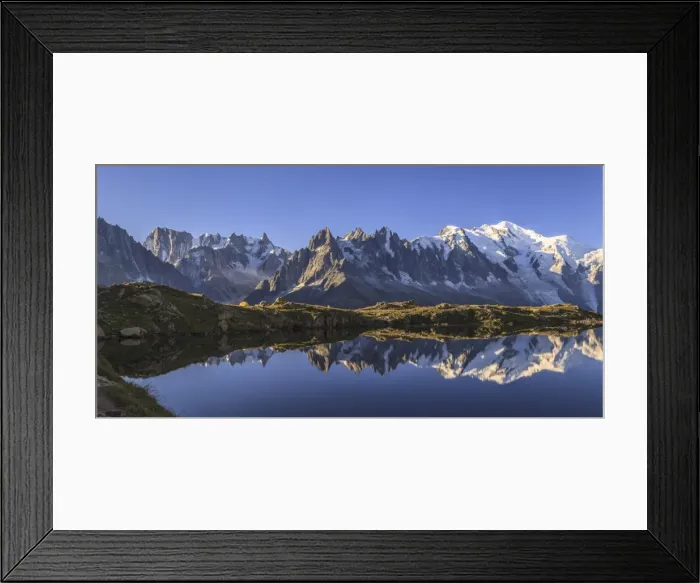 Framed Print : The Mont Blanc mountain range reflected in the waters of Lac de Chesery at sunrise Framed Print : The Mont Blanc mountain range reflected in the waters of Lac de Chesery at sunrise