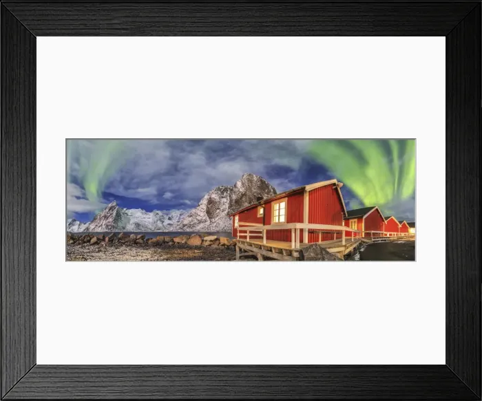 Framed Print : The green light of the aurora borealis lights up fishermans cabins Framed Print : The green light of the aurora borealis lights up fishermans cabins