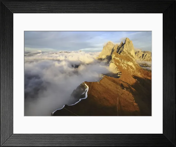Framed Print : Aerial shot from Seceda of Odle surrounded by clouds at sunset Framed Print : Aerial shot from Seceda of Odle surrounded by clouds at sunset