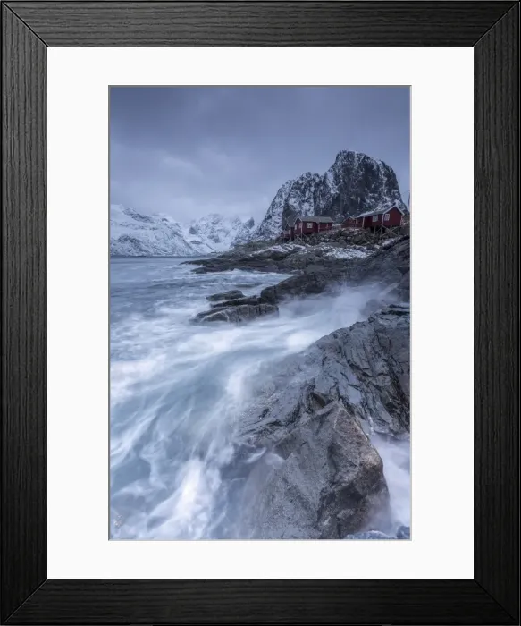 Framed Print : Waves crashing on the cliffs near the houses of the fishermen