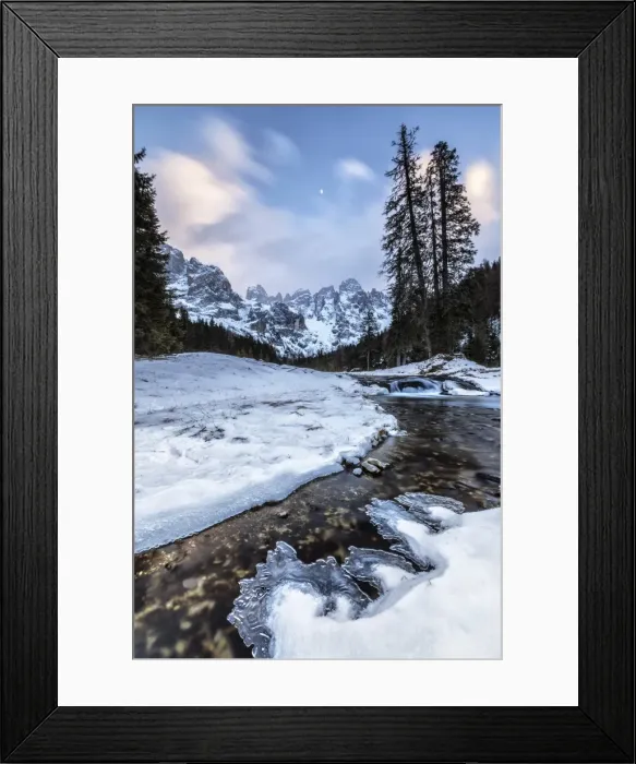Framed Print : Sunset on a frozen creek. Venagia Valley Panaveggio Natural Park Dolomites Trentino