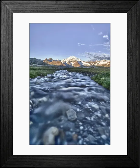 Framed Print : Long exposure technique to capture the running water of a stream in Valmalenco with Framed Print : Long exposure technique to capture the running water of a stream in Valmalenco with
