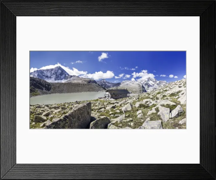 Framed Print : The Hut Garibaldi by the Lake Venerocolo and the north wall of Mount Adamello Framed Print : The Hut Garibaldi by the Lake Venerocolo and the north wall of Mount Adamello