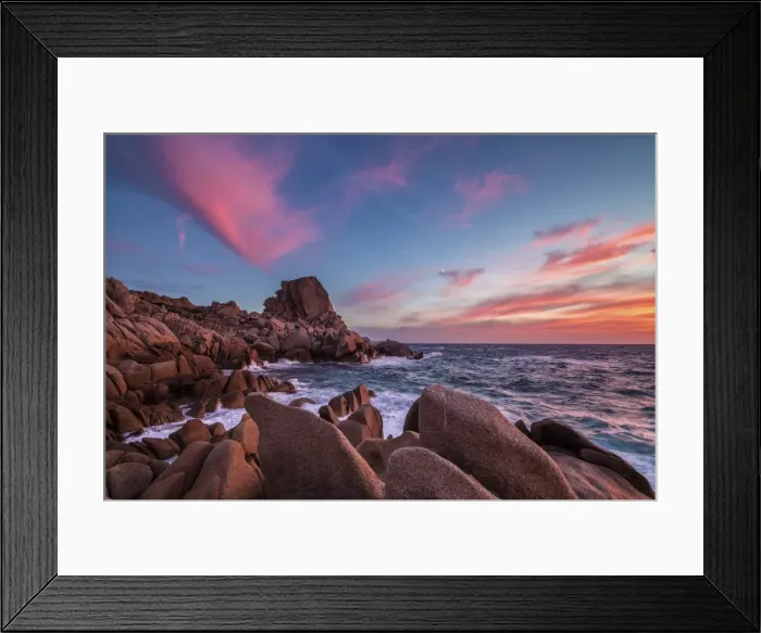 Framed Print : The unusual shapes of the rocks of Capo Testa painted by a wonderful sunset. Sardinia