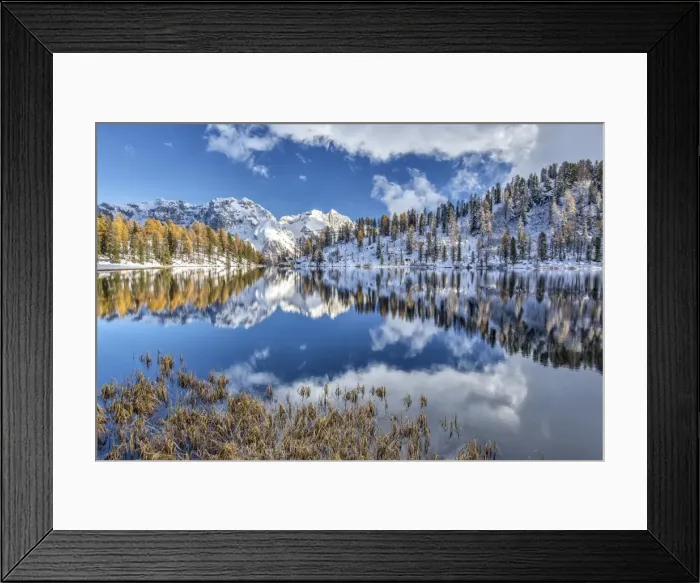 Framed Print : The still water of Lake Malghette reflecting the Brenta Dolomites peaks in autumn Framed Print : The still water of Lake Malghette reflecting the Brenta Dolomites peaks in autumn
