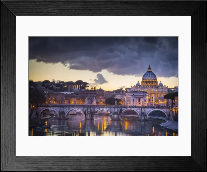 Framed Print : Rome, Lazio, Italy. Sunset on Tevere River, with Saint Peter Cathedral on the background Framed Print : Rome, Lazio, Italy. Sunset on Tevere River, with Saint Peter Cathedral on the background