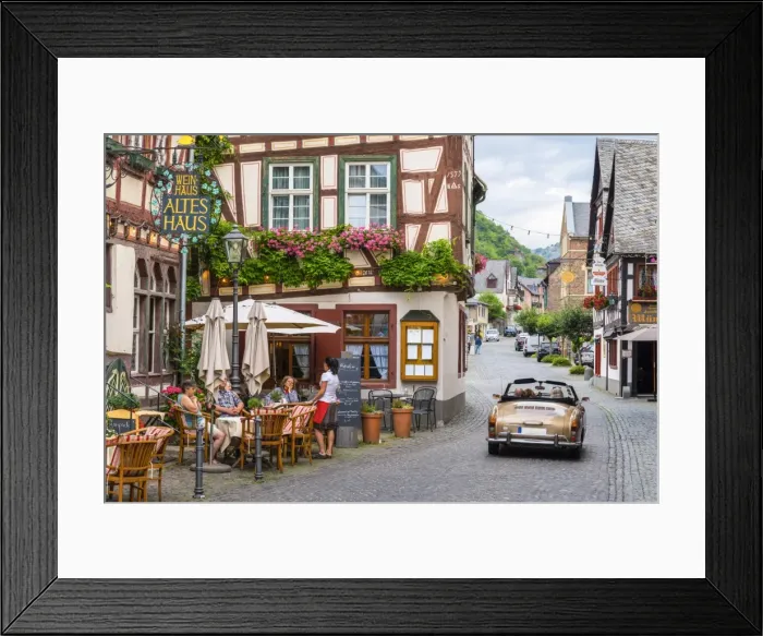 Framed Print : Germany, Rhineland Palatinate, Bacharach, Altes Haus Wein Haus and classic Volkswagen Framed Print : Germany, Rhineland Palatinate, Bacharach, Altes Haus Wein Haus and classic Volkswagen