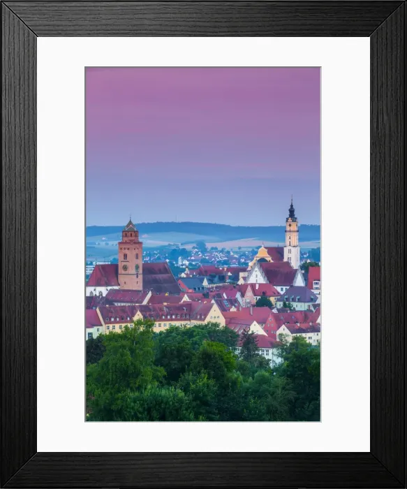 Framed Print : Elevated view over Old Town illuminated at Dawn, Donauworth, Swabia, Bavaria, Germany